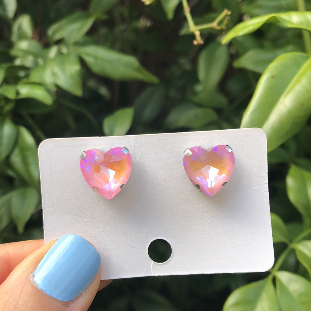 Pink AB Crystal Heart Earrings - Picture 4 of 6